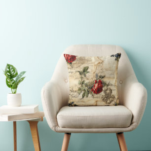 Coussin Lettre d'amour sur parchemin vintage avec fleurs