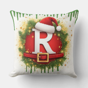 Coussin Lettre de Noël R avec chapeau de Père Noël Cadeau