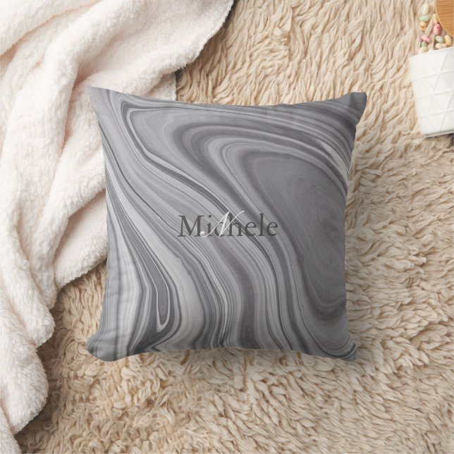 Coussin Lettre de nom personnalisée Agate Grey Marble Swir (Couverture)