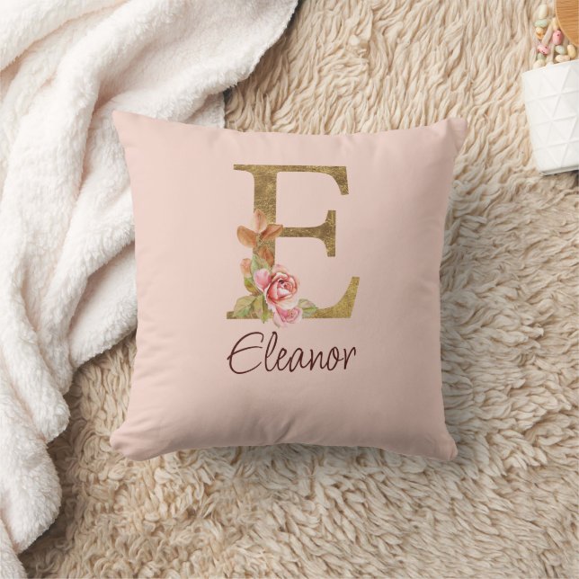 Coussin Lettre de nom personnalisée E Rose blush rose feui (Couverture)