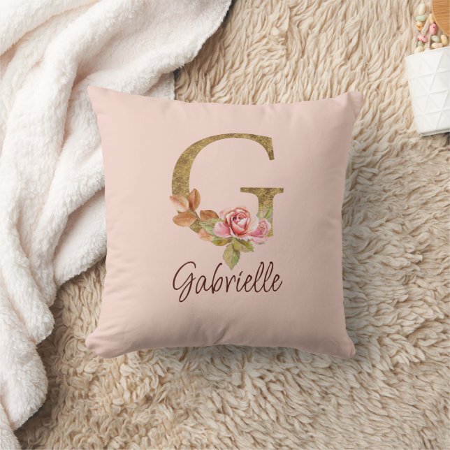 Coussin Lettre de nom personnalisée G Rose blush or feuill (Couverture)