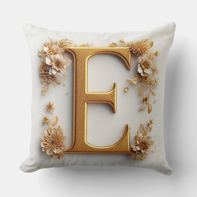 Coussin Lettre dorée E Monogramme floral Style élégant 🌸 (Recto)