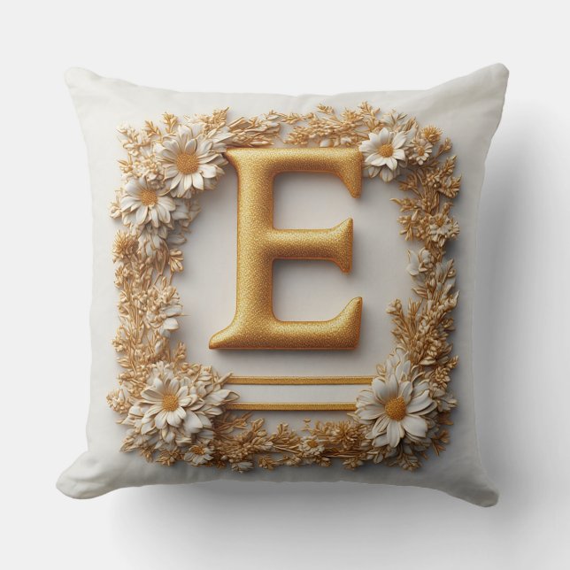 Coussin Lettre E dorée élégante avec des fleurs délicates (Recto)