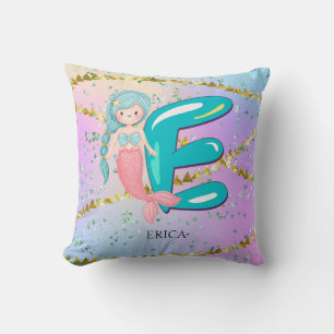 Coussin Lettre E Monogramme Aquarelle mignonne Sirène