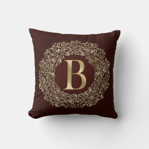Coussin Lettre élégante B or et rouge Damas Monogramme