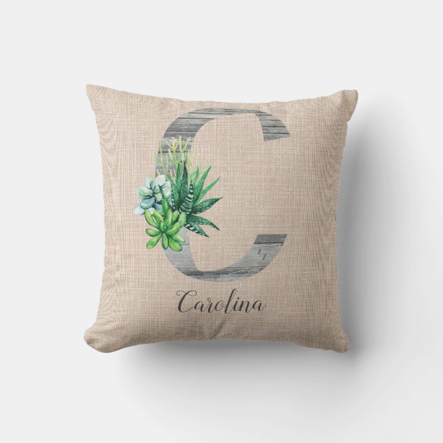 Coussin Lettre en bois de plage C & Succulents Personnalis (Recto)