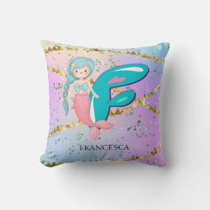 Coussin Lettre F Monogramme Aquarelle mignonne Sirène