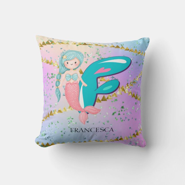 Coussin Lettre F Monogramme Aquarelle mignonne Sirène (Recto)