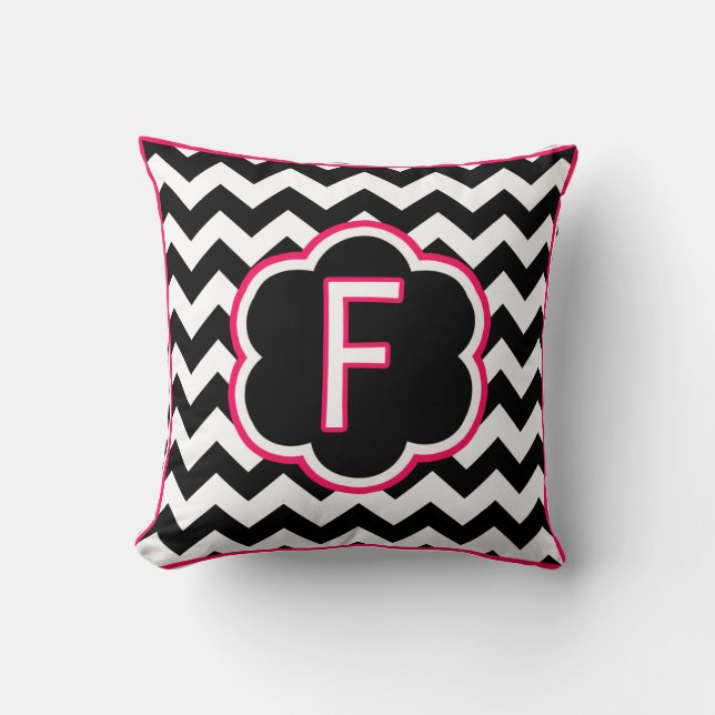 Coussin Lettre F Monogramme Chevron noir et blanc (Recto)