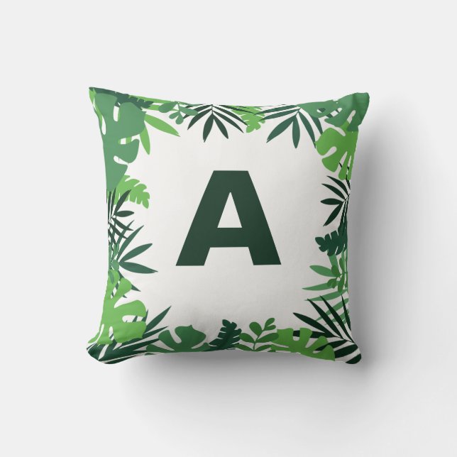 Coussin Lettre feuille à fleurs de palmier vert monogramme (Recto)