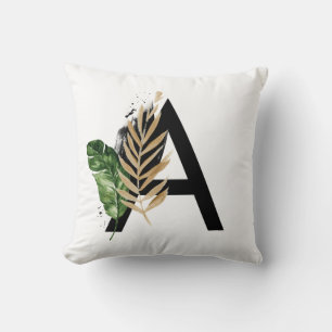 Coussin LETTRE Feuille Tropicale Faux Gold Foil A Monogram
