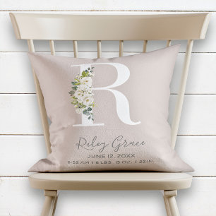 Coussin LETTRE Florale BLANCHE R MONogramme Bébé Statistiq