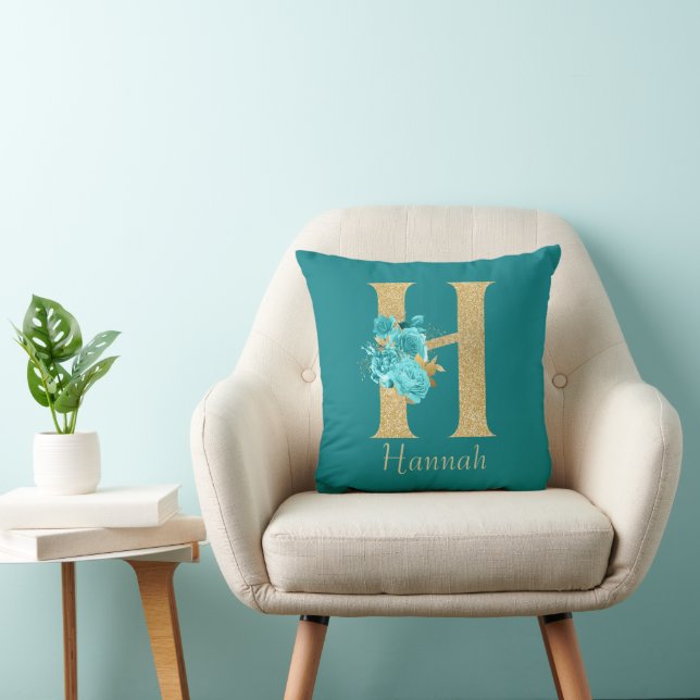 Coussin LETTRE Florale H Or & Aqua (Chaise)