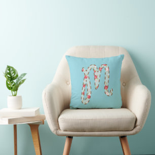 Coussin Lettre Florale M Bleu Rose