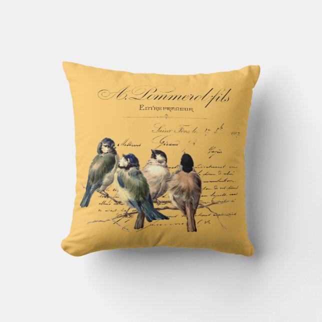Coussin Lettre française vintage et oiseaux (Recto)