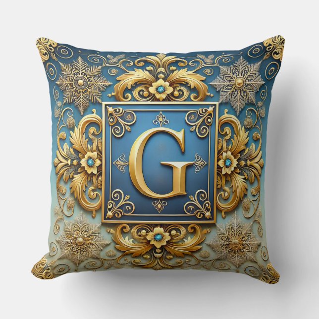 Coussin Lettre G dorée baroque style monogramme bleu ✨ (Recto)