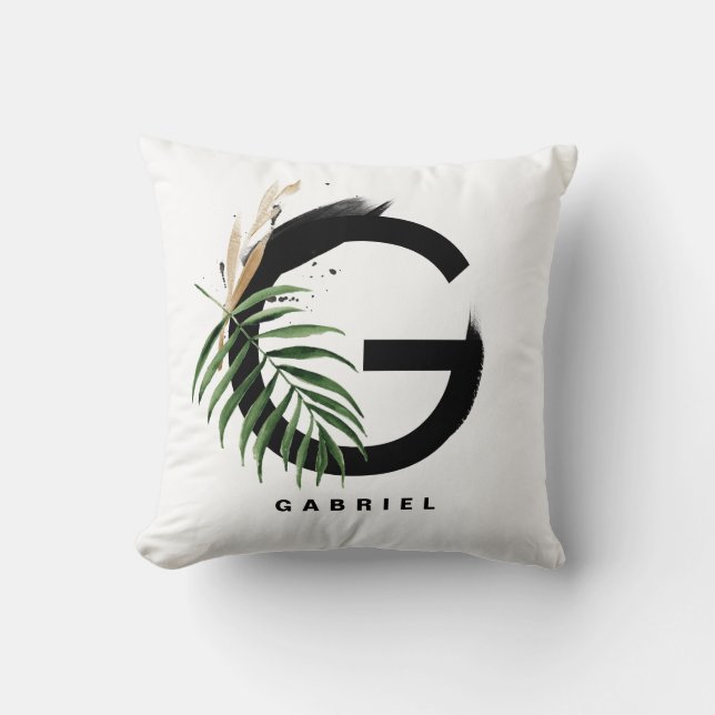 Coussin Lettre G monogramme | Palme tropicale personnalisé (Recto)