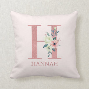 Coussin Lettre H Aquarelle rose Floral Monogram Nursery