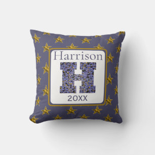 Coussin Lettre H étoiles or monogramme mosaïque