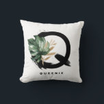 Coussin Lettre H Monogramme Palm Feuille Tropical Thaillot<br><div class="desc">Lettre Q monogramme personnalisable coussin avec aquarelle feuille de monstère tropicale, fausse feuille de feuille d'or et accents de brosse d'aquarelle noire. Personnalisez ce coussin de monogramme tropical en ajoutant votre nom ou d'autres détails. Ce coussin de monogramme Q de lettre boho sera parfait comme cadeau. D'autres lettres sont disponibles....</div>