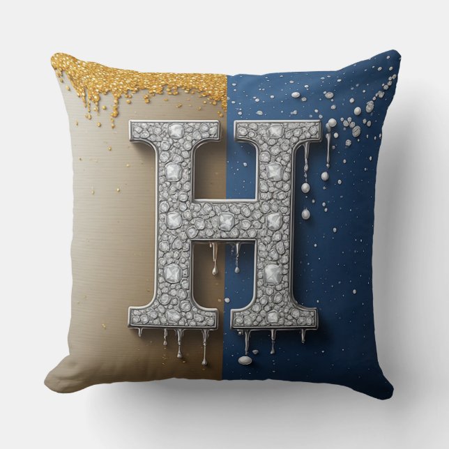 Coussin Lettre H Navy Or Peinture qui coule Perle Initiale (Recto)