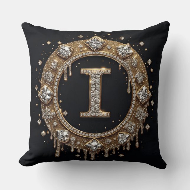 Coussin Lettre I Monogramme Paillettes Noires Marque Insta (Recto)