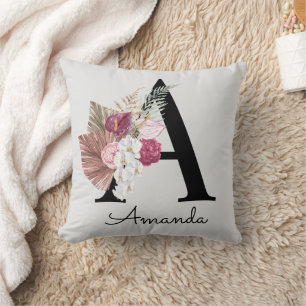 Coussin Lettre initiale A florale rose moderne