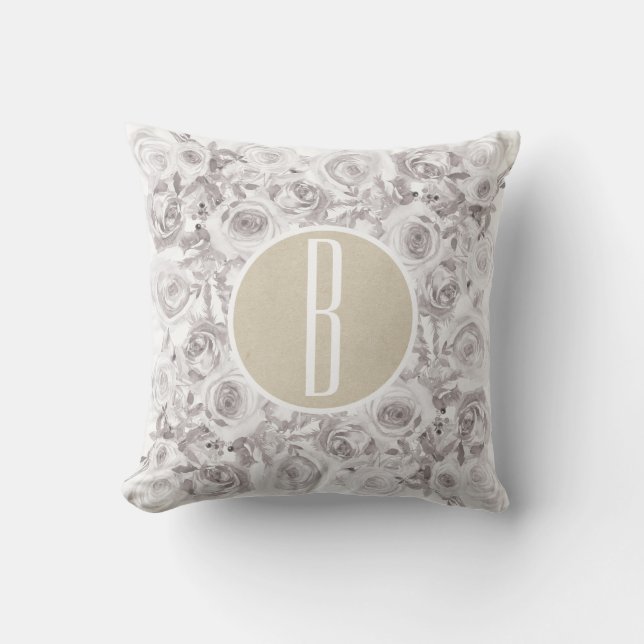 Coussin Lettre initiale monogramme Roses hivernales rustiq (Recto)