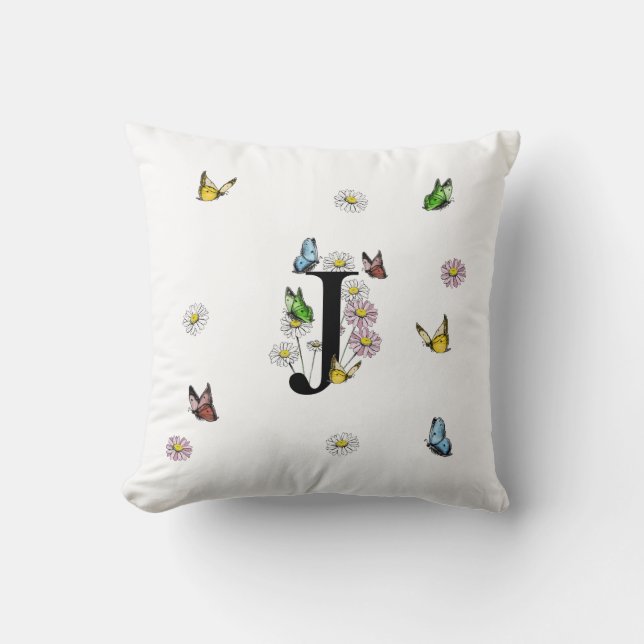 Coussin Lettre J Floral Papillon Monogramme initial (Recto)