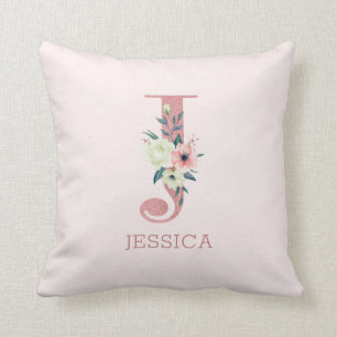 Coussin Lettre J Monogramme Floral Aquarelle Rose Pour La