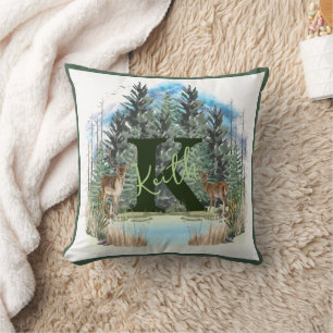 Coussin Lettre K personnalisée monogramme cerf aquarelle