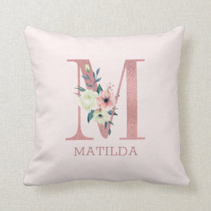 Coussin Lettre M Aquarelle rose Floral Monogramme Nursery
