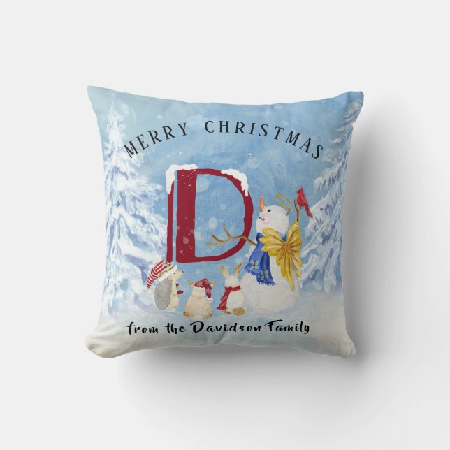 Coussin Lettre monogramme D mignon Angel Snowman Noël (Recto)