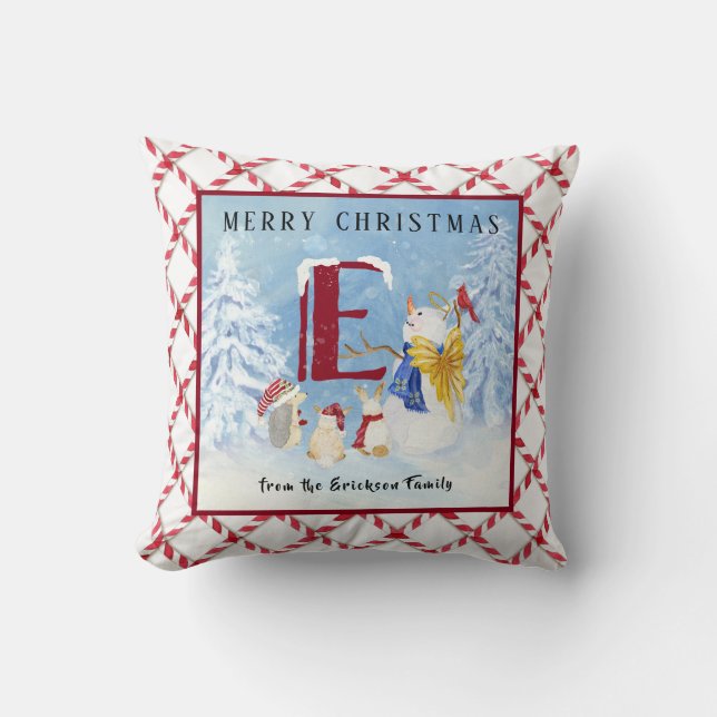 Coussin Lettre monogramme E Noël Snowman Angel Woodland (Recto)