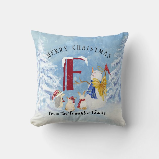 Coussin Lettre monogramme F Adorable Angel Snowman Forest (Recto)
