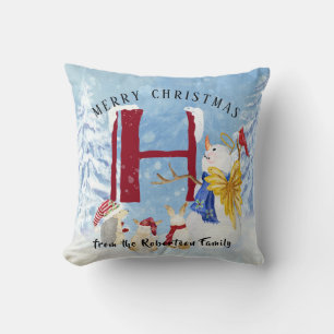Coussin Lettre monogramme H Arbres d'hiver Noël Snowman
