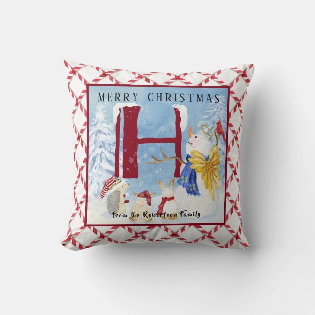 Coussin Lettre monogramme H Arbres d'hiver Noël Snowman (Recto)