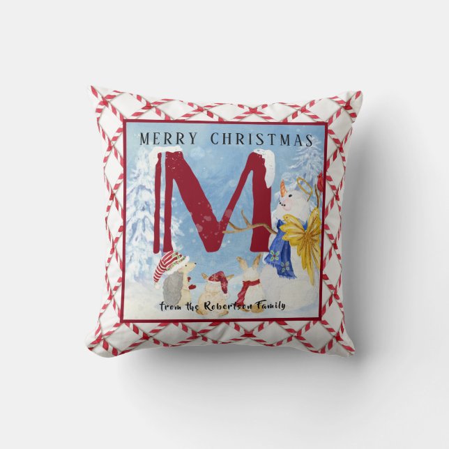 Coussin Lettre monogramme M Angel Snowman Noël (Recto)