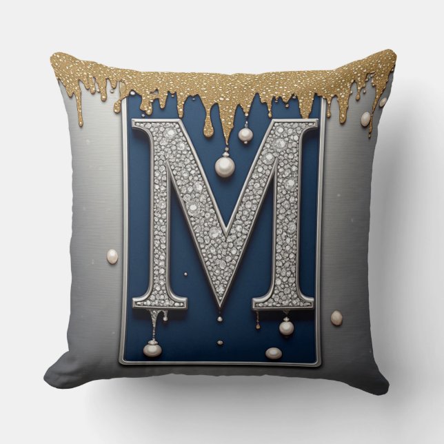 Coussin Lettre monogramme M peinture dorée navale dégoulin (Recto)