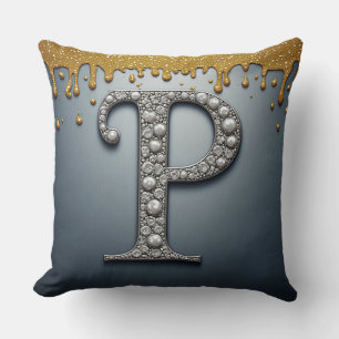 Coussin Lettre monogramme P peinture dorée navale dégoulin