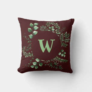 Coussin LETTRE Monogramme Vert feuillus initial Bourgogne