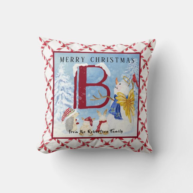 Coussin Lettre monographie B Angel Snowman Joyeux Noël (Recto)