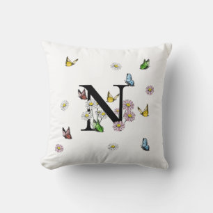 Coussin Lettre N Monogramme Papillon Floral Initiale 