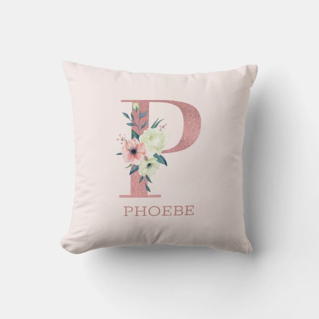Coussin Lettre P Aquarelle rose Floral Monogram Nursery (Recto)