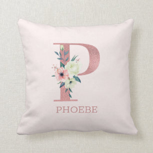 Coussin Lettre P Aquarelle rose Floral Monogram Nursery