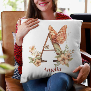 Coussin Lettre papillon floral personnalisée A Monogramme