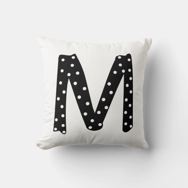 Coussin Lettre Pointe Polka Noir et Blanc Personnalisée M (Recto)