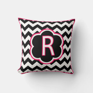 Coussin Lettre R Monogramme Chevron noir et blanc