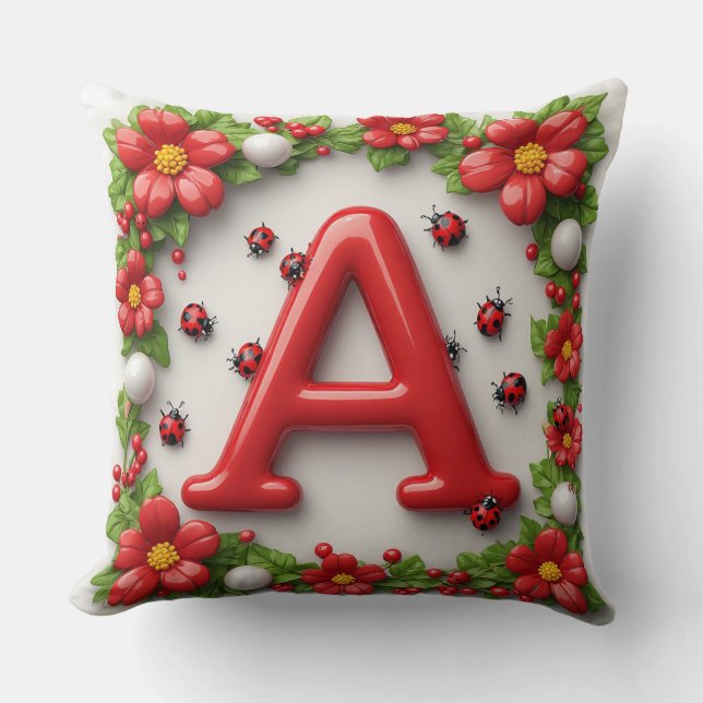 Coussin 🐞 Lettre rouge A avec coquelicots coccinelles (Recto)