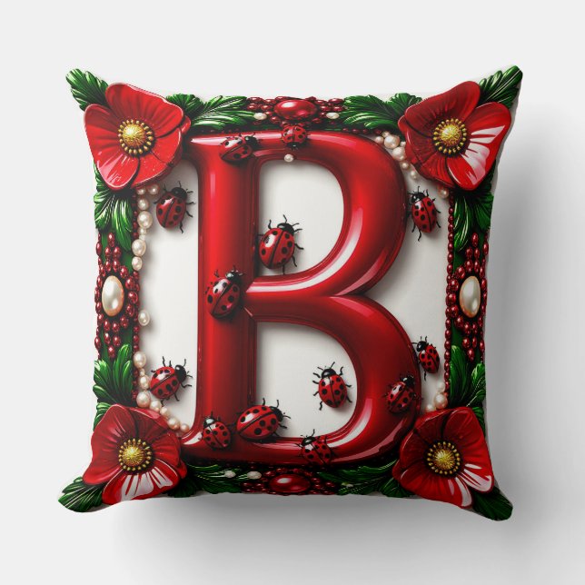 Coussin 🐞 Lettre Rouge B Coccinelles Pavots Perles  (Recto)